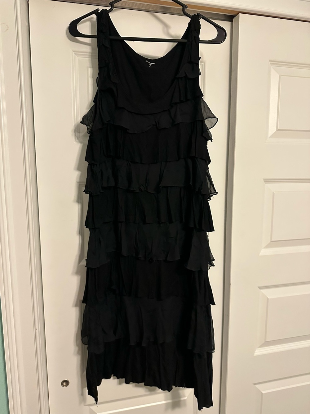 Garnet Hill Black Tiered Ruffle Silk Trim Knit Sleeveless Dress Size M Cocktail